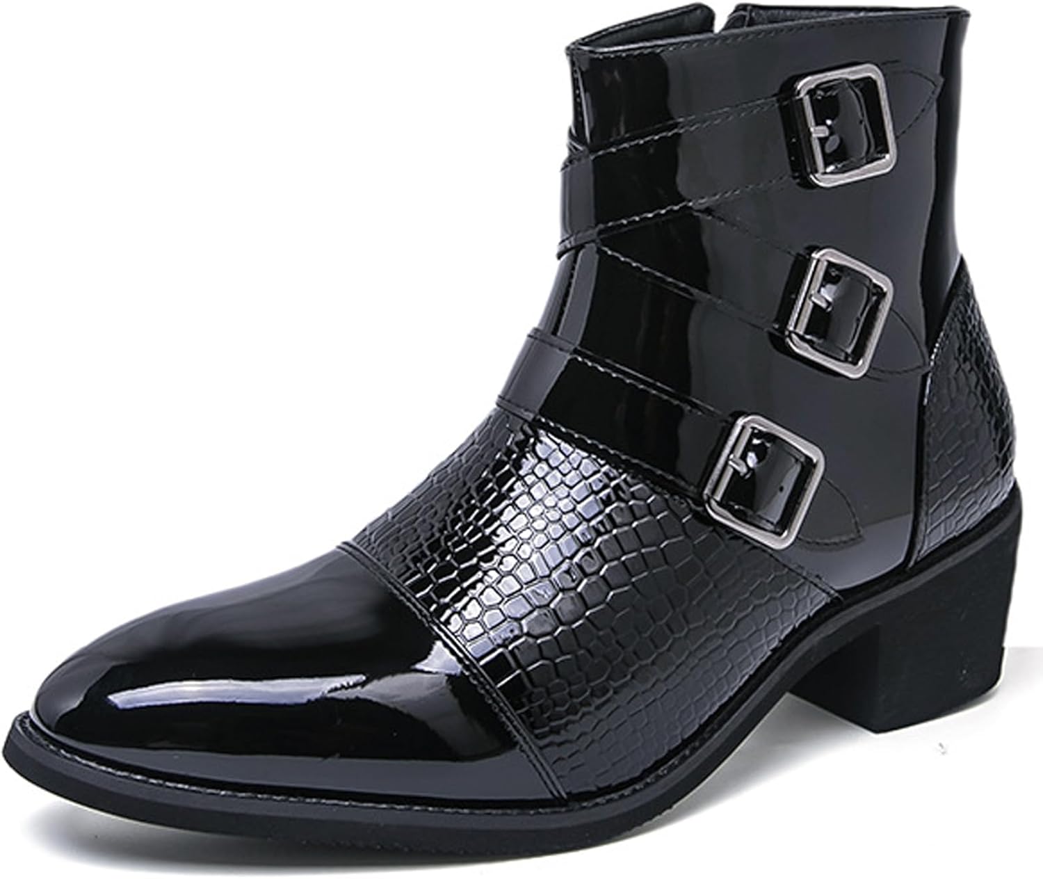 

Мужские ботильоны из лакированной кожи с змеиным принтом, заостренным носком, пряжкой и ремешком, массивным каблуком, стильные ботильоны с боковой молнией, нескользящей подошвой и челси на щиколотке Tznbgge, черный