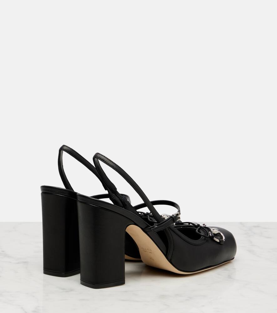 Кожаные туфли-лодочки с перемычкой и ремешком на каблуке Horsebit Gucci, Black/Black — фото 2