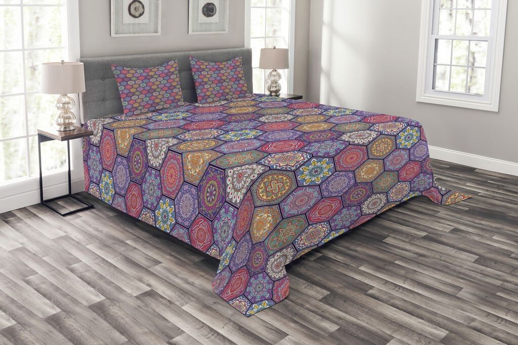 

ABAKUHAUS Комплект покрывала Mandala, восточный мотив шестиугольника, комплект с моющимися наволочками, для односпальных кроватей 264 x 220 см, разноцветный