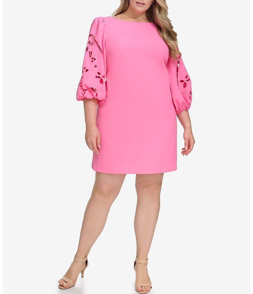 

Платье прямого кроя Vince Camuto размера плюс с вырезом лодочкой 3/4 и пышными рукавами, вырезанными лазером, розовый