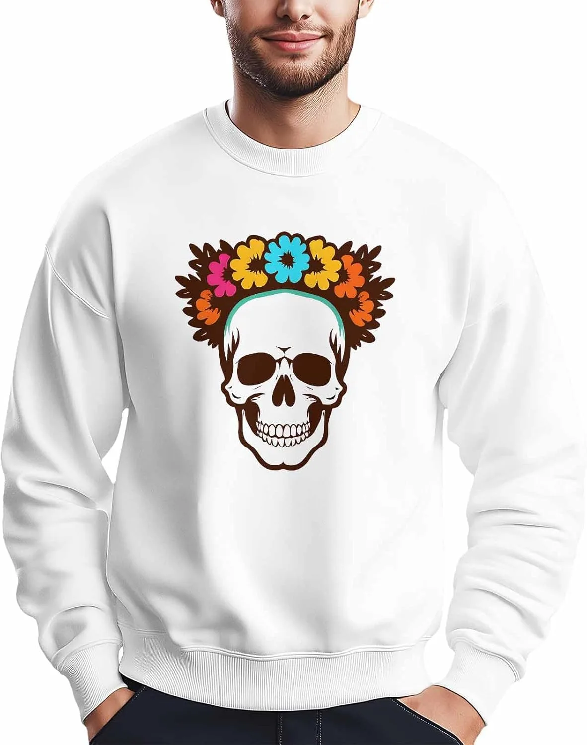 

Мужской свитшот с принтом черепа и цветов, Crewneck, Long Sleeve Winvebermior