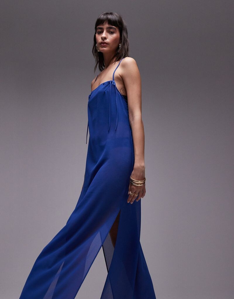 

Topshop — синее прозрачное платье миди с бантами