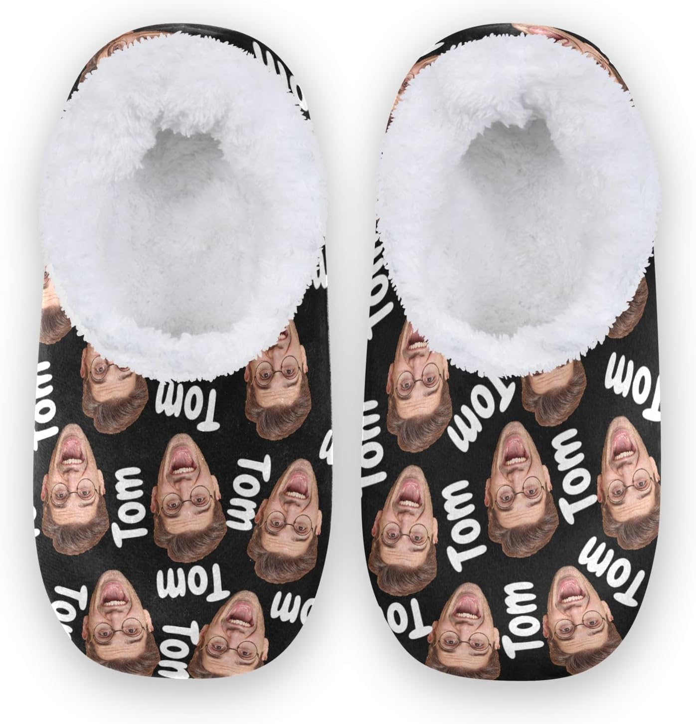 

Женские и мужские домашние тапочки с закрытой пяткой из мягкой памяти, с вязкой, подкладкой из флиса, с фото лица и текстом, теплые носки для отеля, дома и улицы Innewgogo, черный