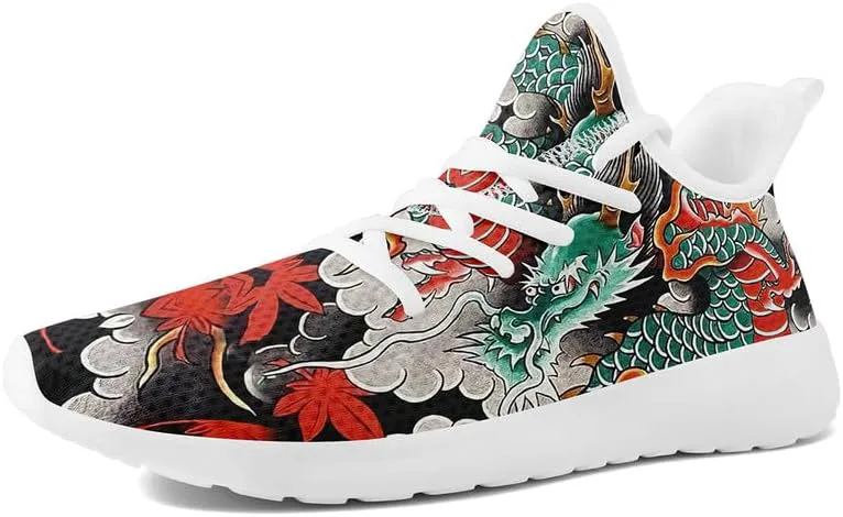 

Мужские динамичные кроссовки для бега по дорогам с принтом дракона, легкие прогулочные кроссовки с мифическим дизайном, черные стильные теннисные туфли AWSOLE, белый/красный/зеленый