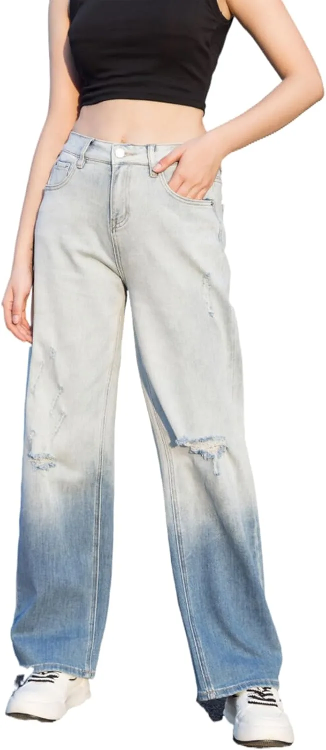 

Женские джинсы с градиентом, широкие, потертые, с высокой талией