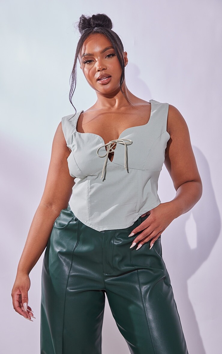 

PrettyLittleThing Зеленый эластичный корсет на шнуровке Plus Sage Green