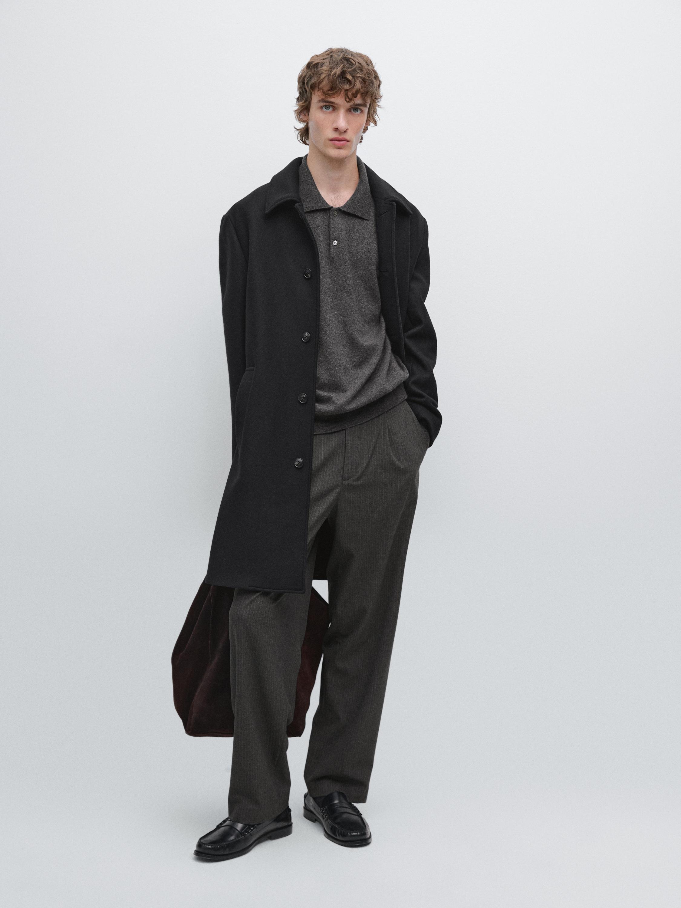 

Длинное пальто из смесовой шерсти Massimo Dutti, черный