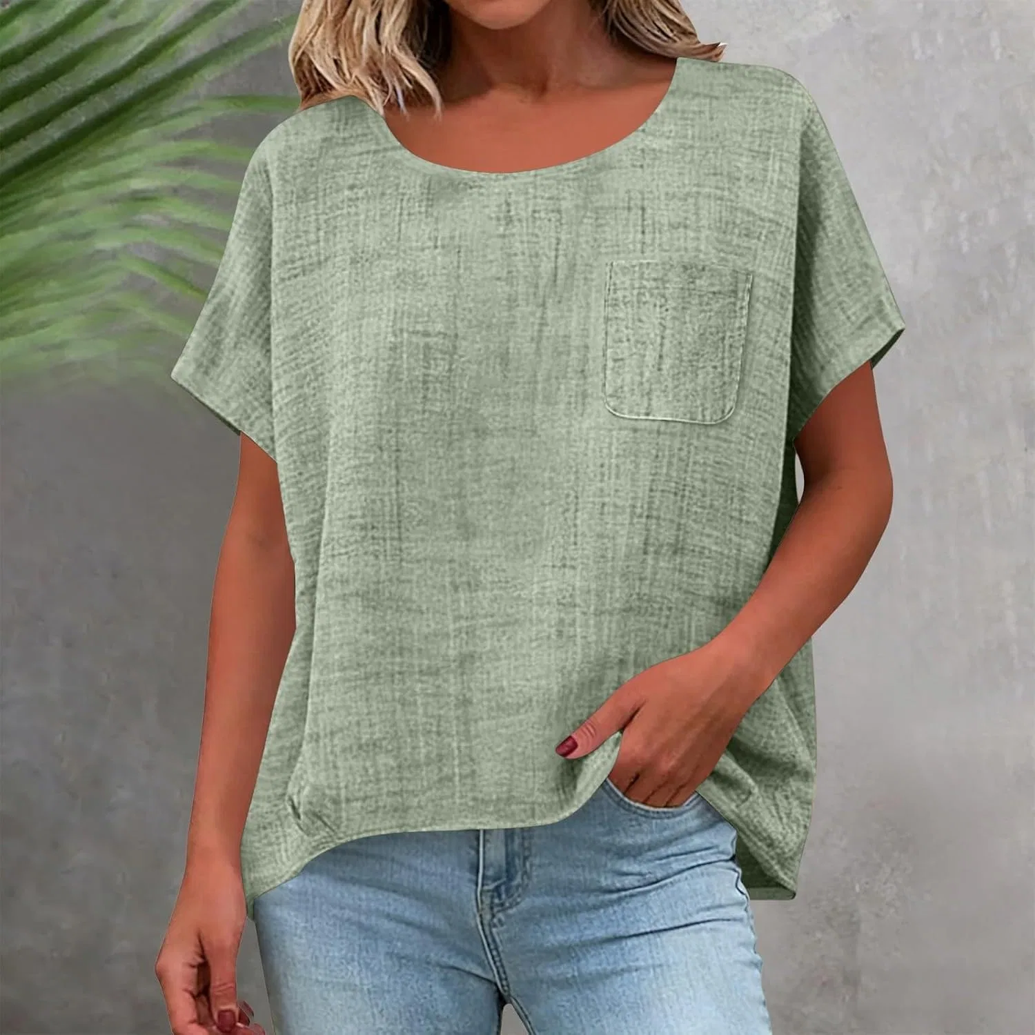 Футболка из хлопка и льна, Casual, короткий рукав, зеленый — фото 3