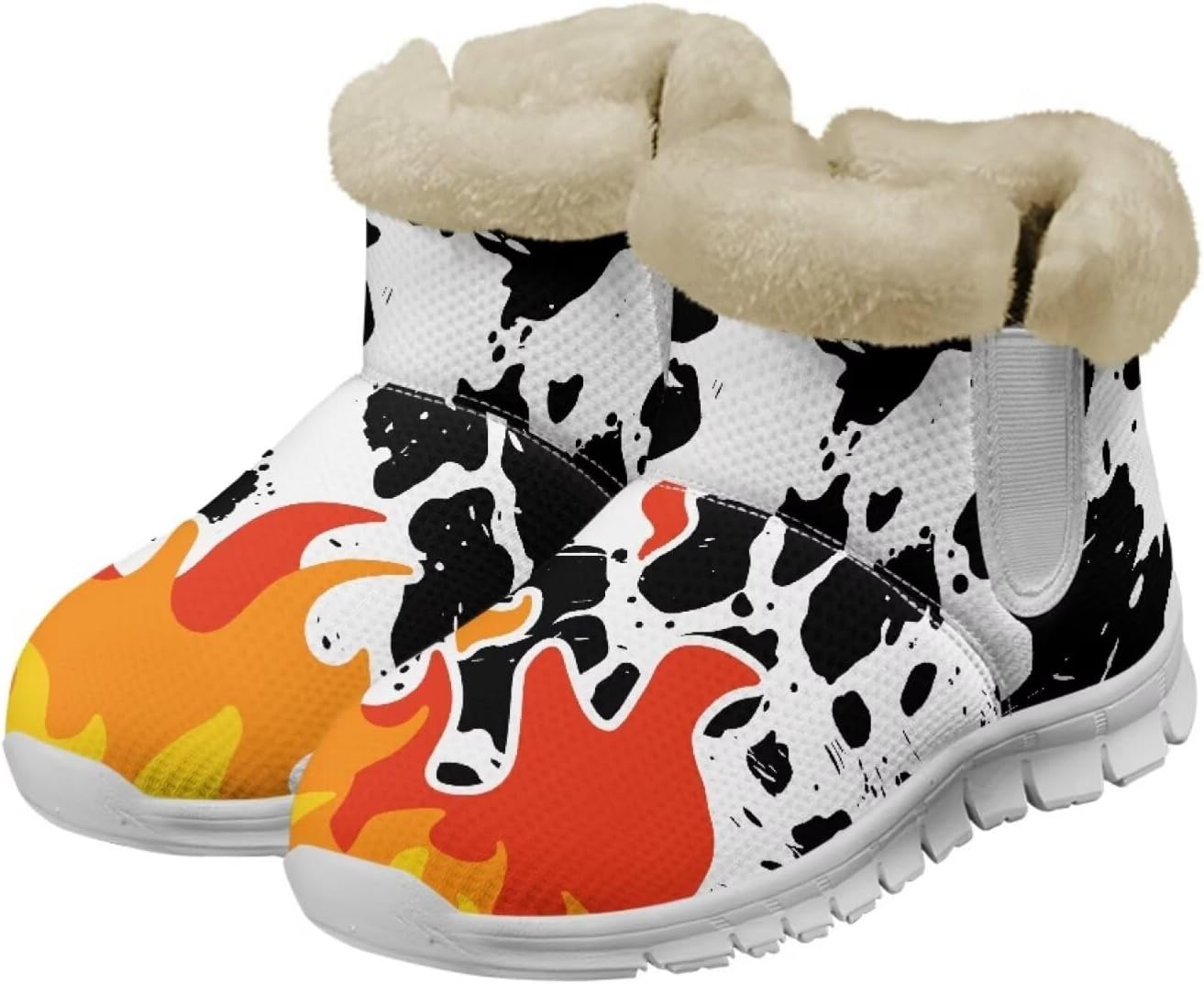 

Унисекс зимние снежные ботинки JoyLamoria, эластичные ботильоны до щиколотки, уличные, легко надеваются, удобные пушистые ботинки, Fire Cow Print