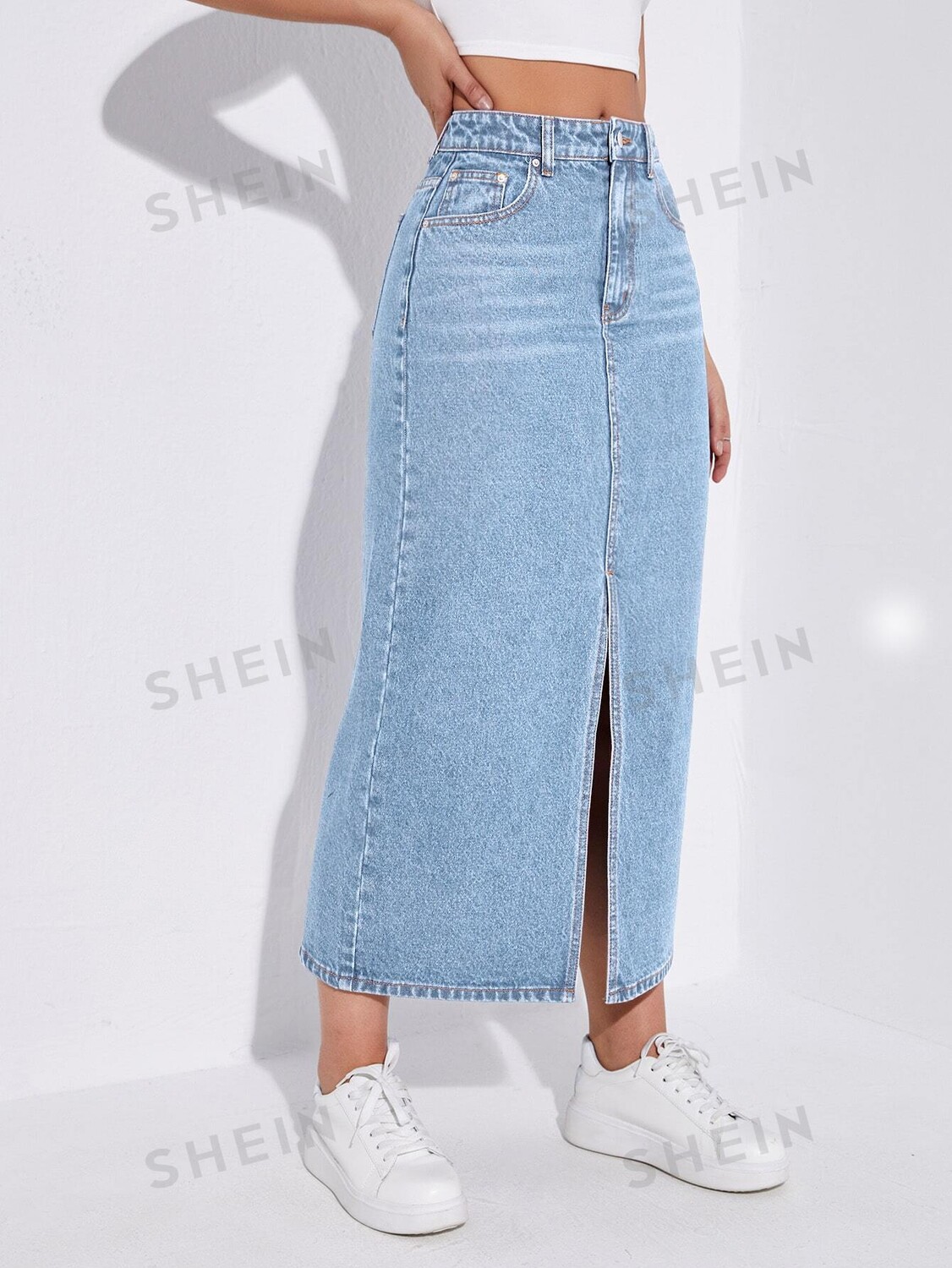 

Джинсовая юбка с завышенной талией EZwear Shein, светло-голубой