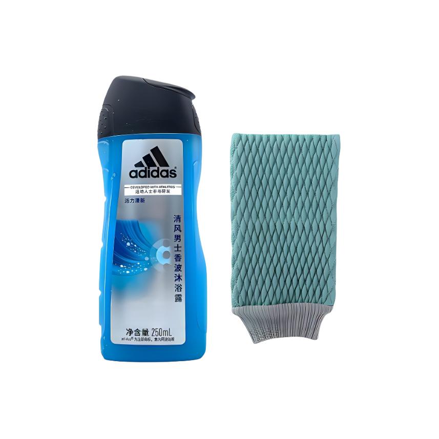 

набор для ухода breeze care шампунь гель для душа с успокаивающим действием для кожи 250мл+перчатка-скраб для тела Adidas, shower gel 250ml+body scrub glove