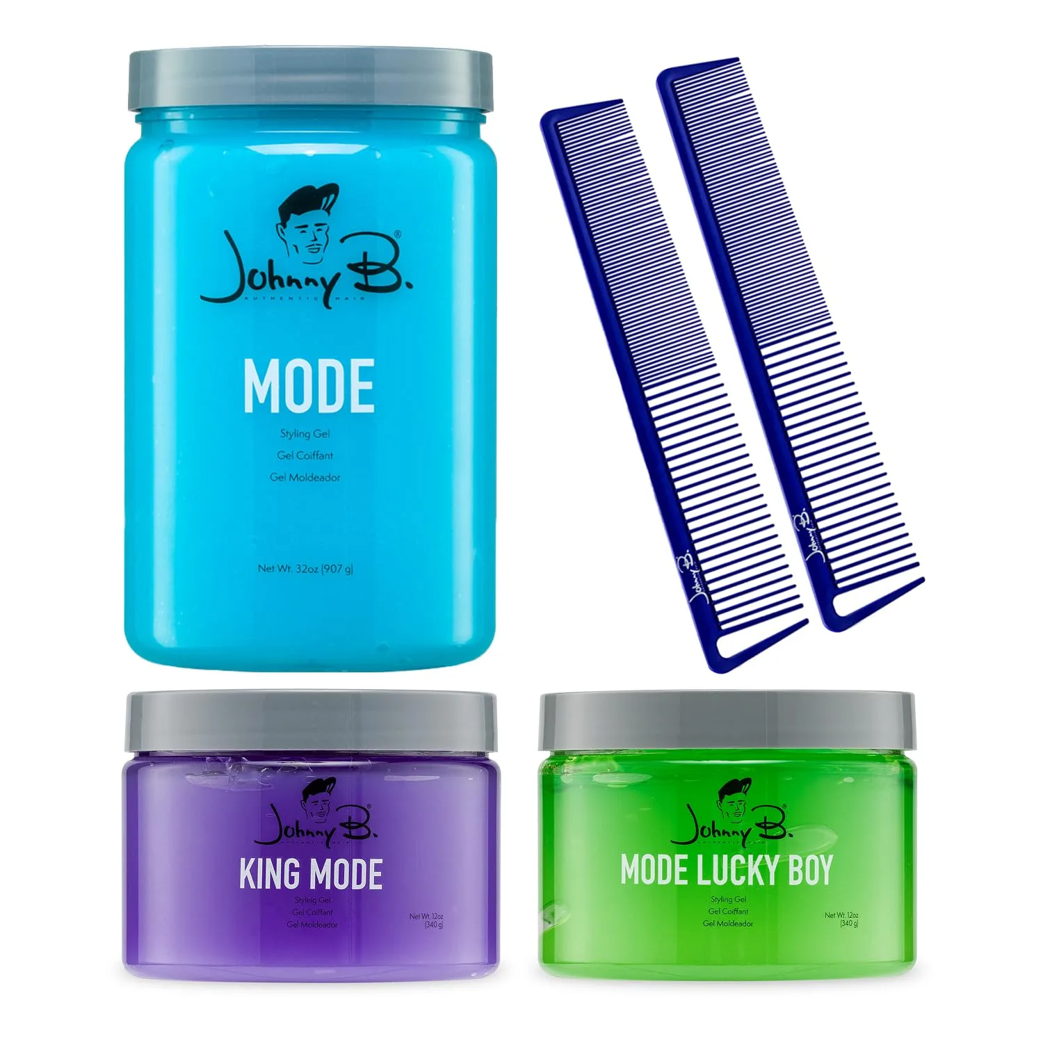 JOHNNY B. Texture Styling Kit - гель для волос Mode 946 мл, Lucky Boy 355 мл и King Mode 355 мл + Carbon Texturizing Combs (2 шт) - набор для укладки с сильной фиксацией и глянцевым блеском