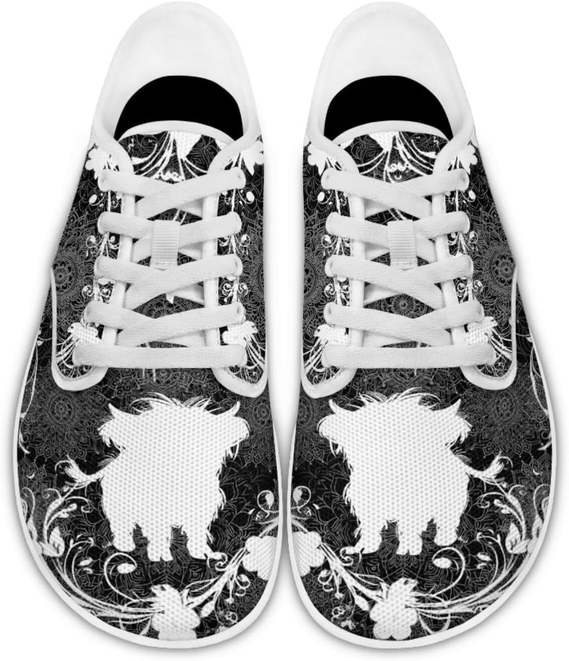 

Кроссовки для женщин и мужчин с широким носком, нулевая посадка, минималистичные, комфортные для тенниса, офиса и повседневной носки Pointodoor, Highland Cow Boho Mandala Print