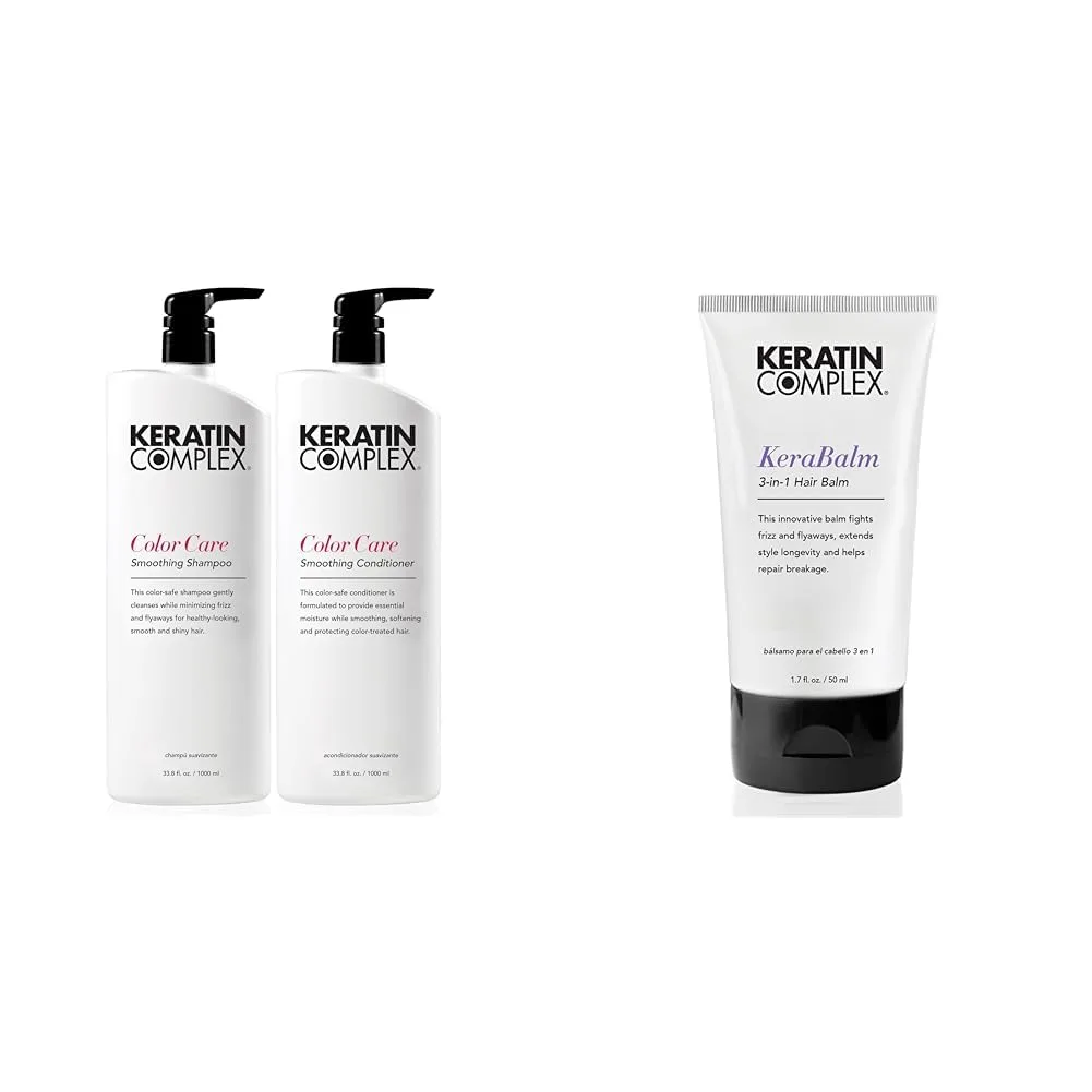 Шампунь и кондиционер Keratin Complex для ухода за окрашенными волосами (33,8 жидких унций каждый) и бальзам для волос Kerabalm 3-в-1 (1,7 жидких унций).