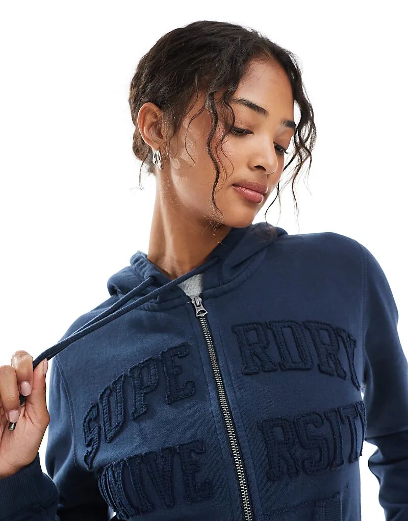 Укороченная толстовка с капюшоном на молнии Superdry Athletic Essentials насыщенного темно-синего цвета — фото 3