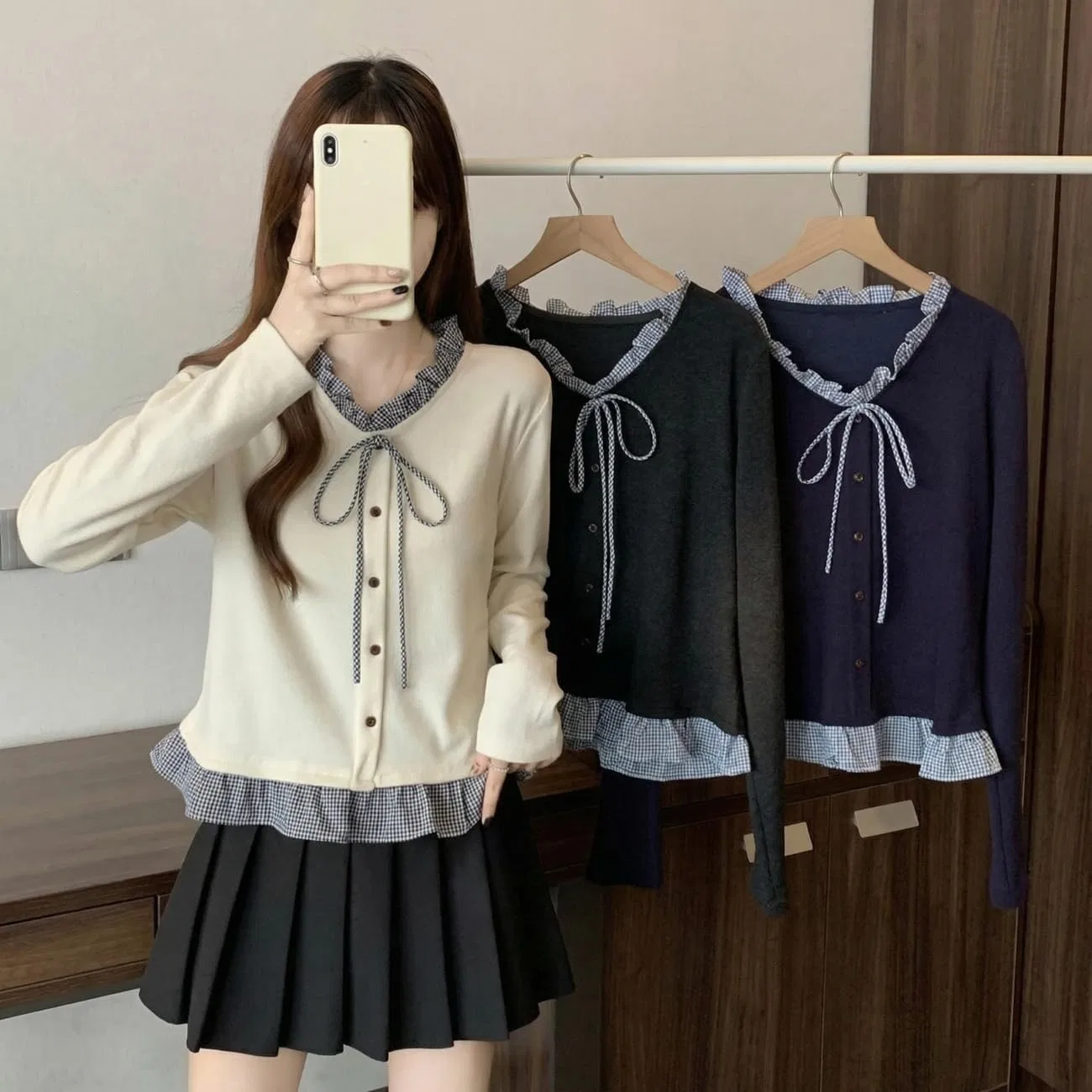 Блуза с имитацией многослойности, Gingham check, бежевый — фото 4