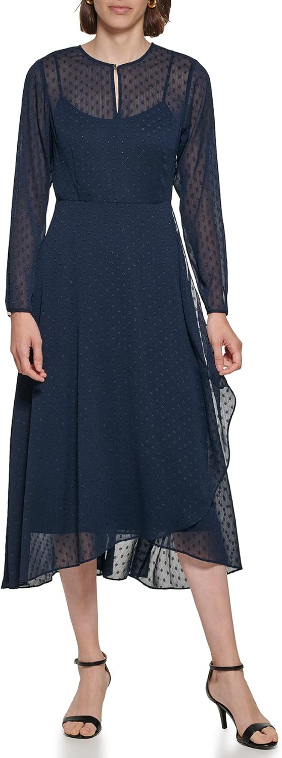 

Женское платье TOMMY HILFIGER Hi-Lo Midi с длинными рукавами и высоким воротом, Sky Captain