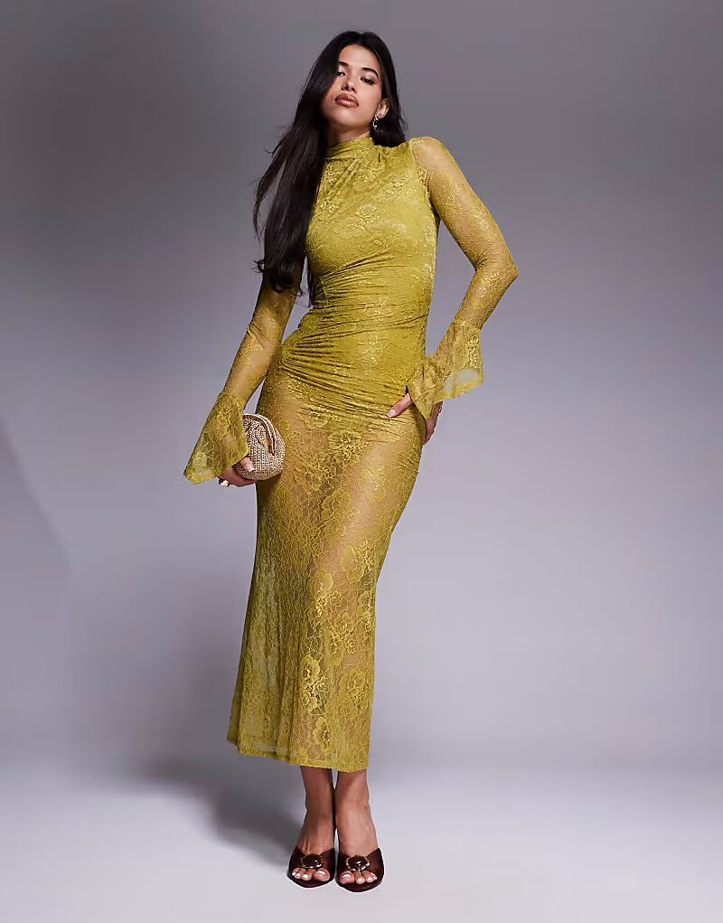 

Платье миди из кружева ASOS DESIGN с высоким воротом и асимметричными расклешенными манжетами на рукавах цвета зеленовато-желтого цвета