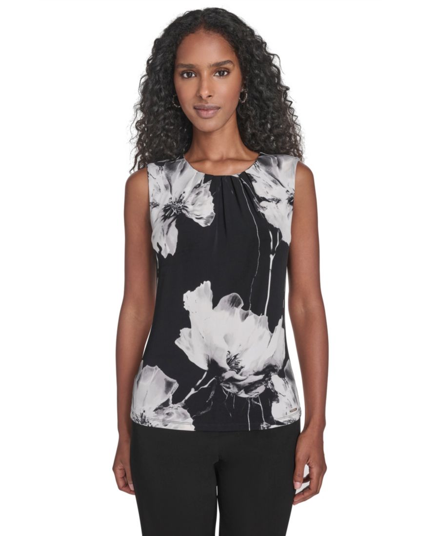 

Женская блузка без рукавов с плиссировкой и круглым вырезом Calvin Klein, Black/cream