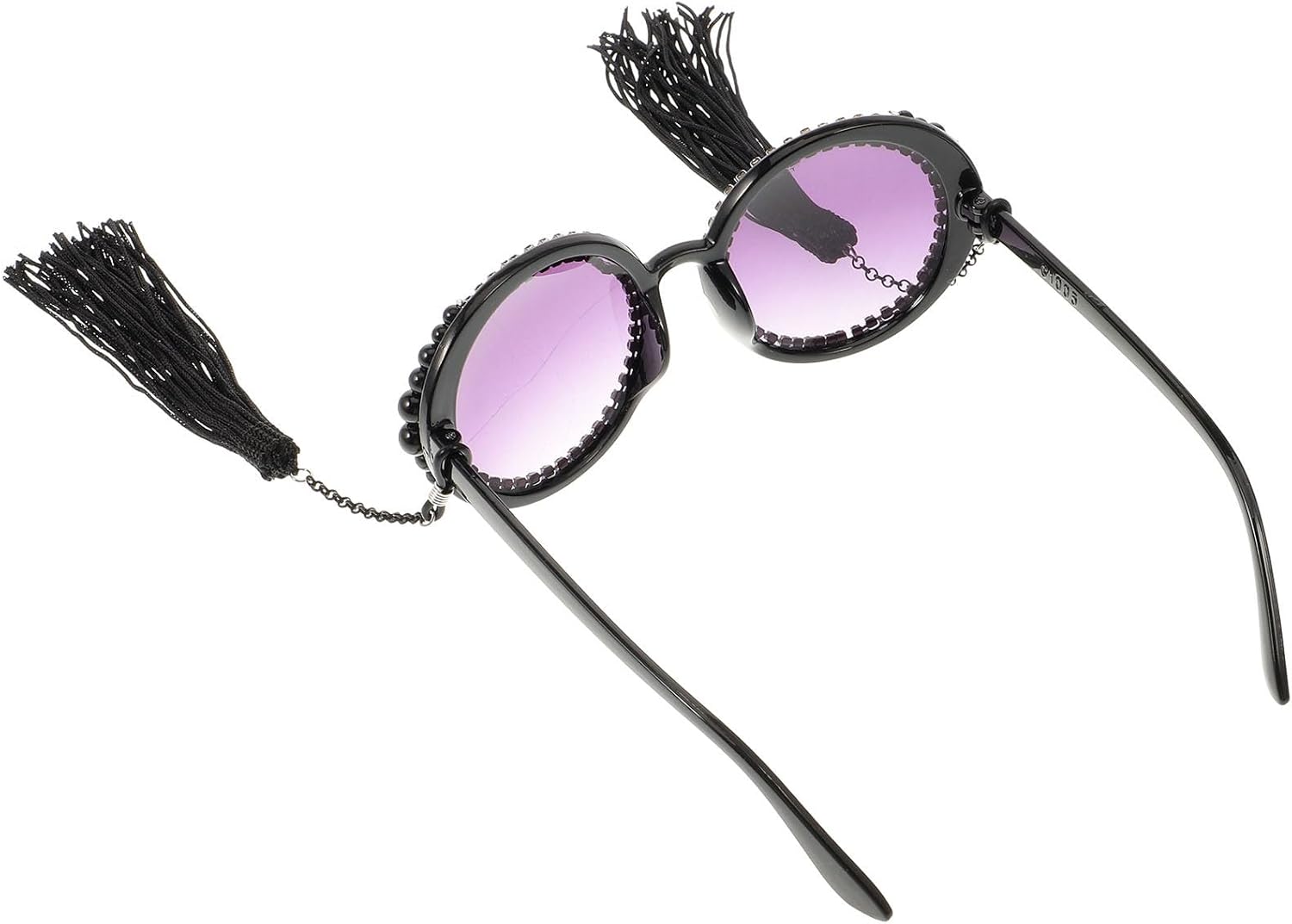 

Винтажные солнцезащитные очки Mikikit в круглой оправе для женщин, с черной кисточкой и жемчужной отделкой, уникальные модные очки для вечеринок и выступлений, с защитой от УФ-излучения, Black