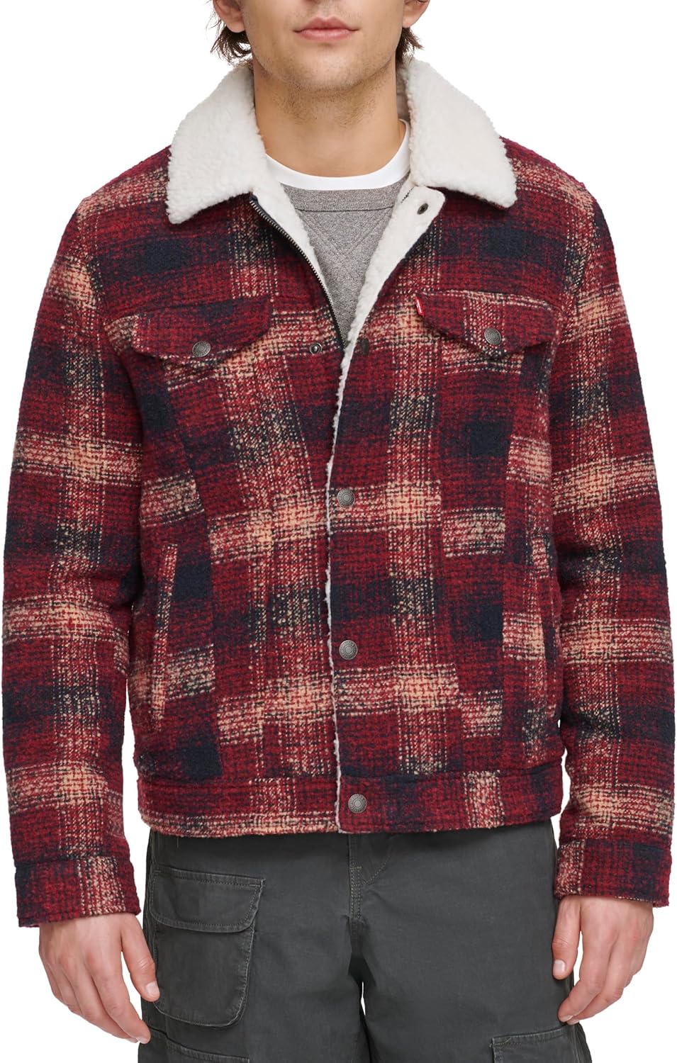 

Мужские шерстяные клетчатые куртки Levi's с подкладкой из шерпы, Red Ombre