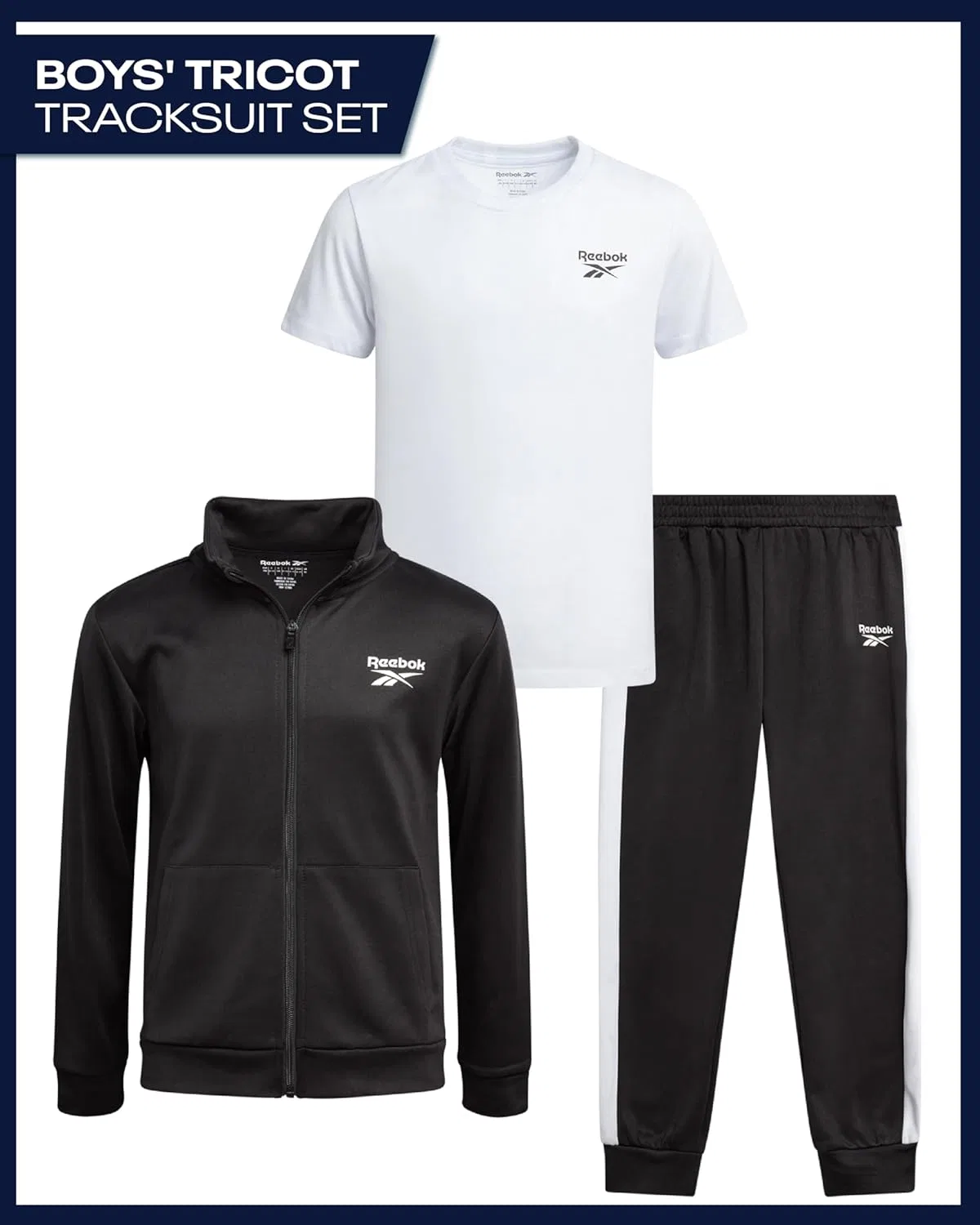 Детский спортивный костюм Reebok, 3 предмета: куртка, футболка, штаны, Black/White — фото 2