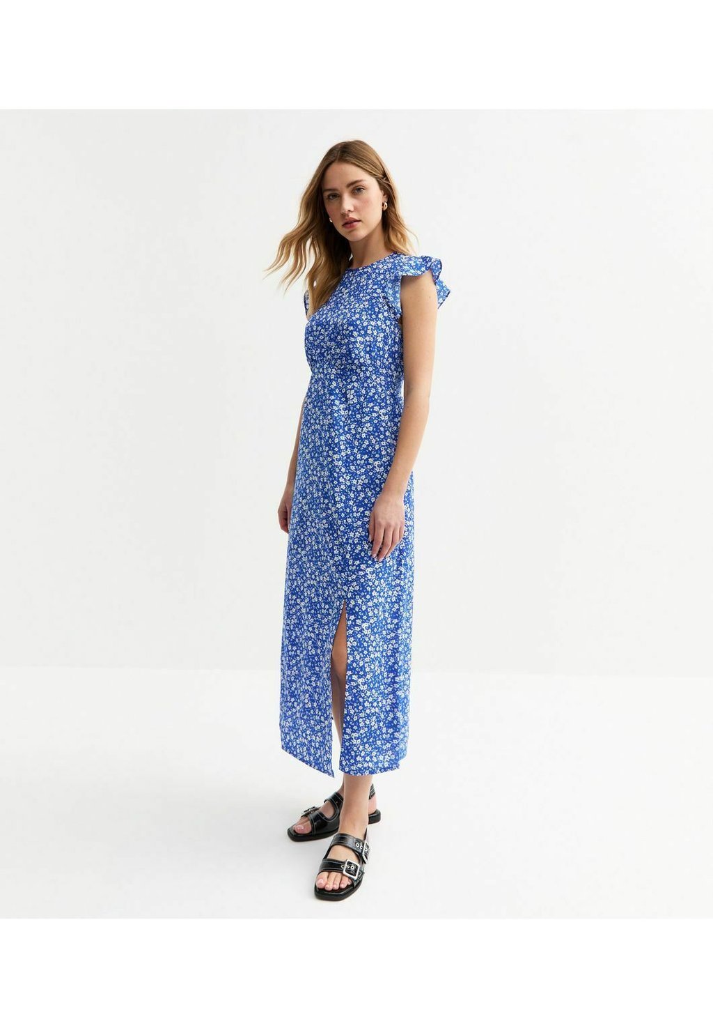 

Повседневное платье FLORAL PRINT SLIT HEM MIDI DRESS New Look, синий