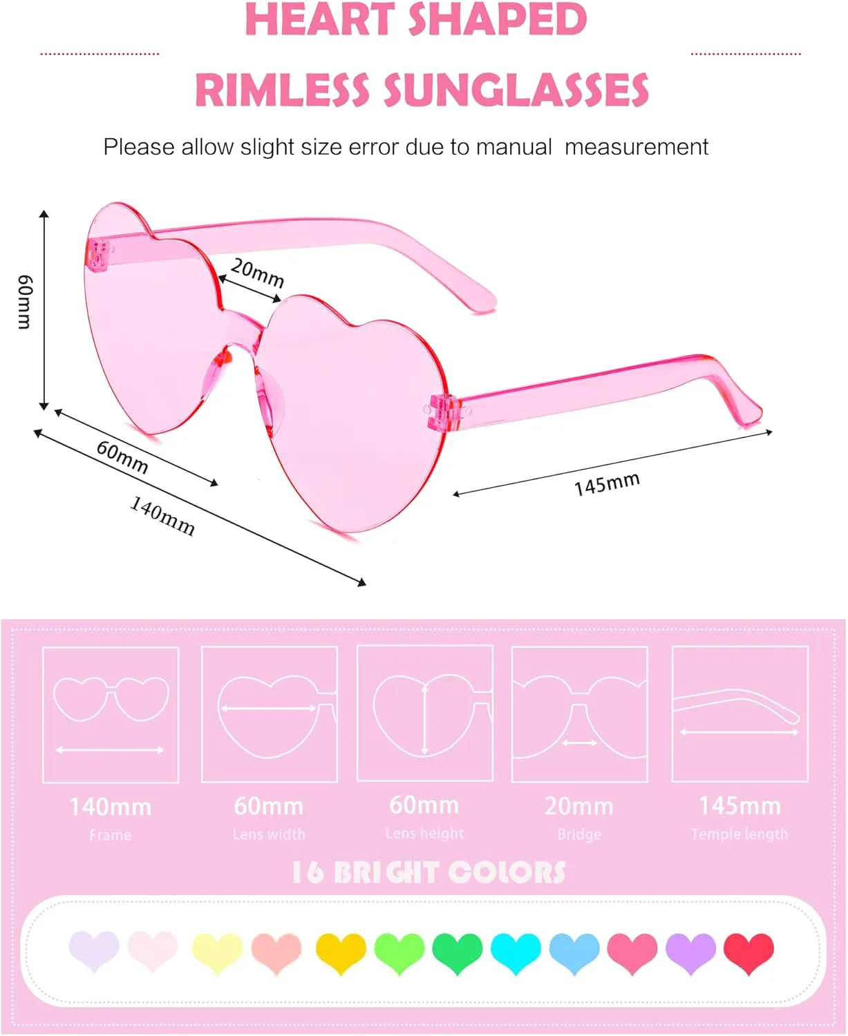 

14/16/18 пар солнцезащитных очков в форме сердца, конфетные цвета, без оправы, забавные очки в форме сердца для женщин, сувениры для вечеринок LYMOJOR, 16 Pack Pink