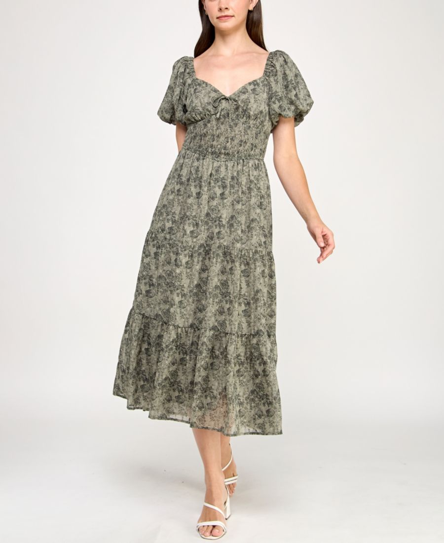 

Детское миди-платье из шифона с принтом, приталенного силуэта и расклешенной юбки Trixxi, Olive floral