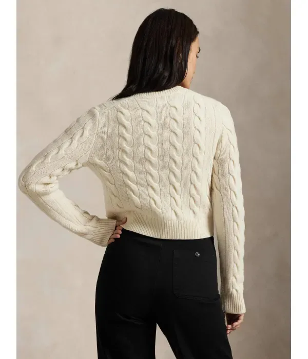 Шерстяной кардиган с косами cropped fit Polo Ralph Lauren, кремовый — фото 3