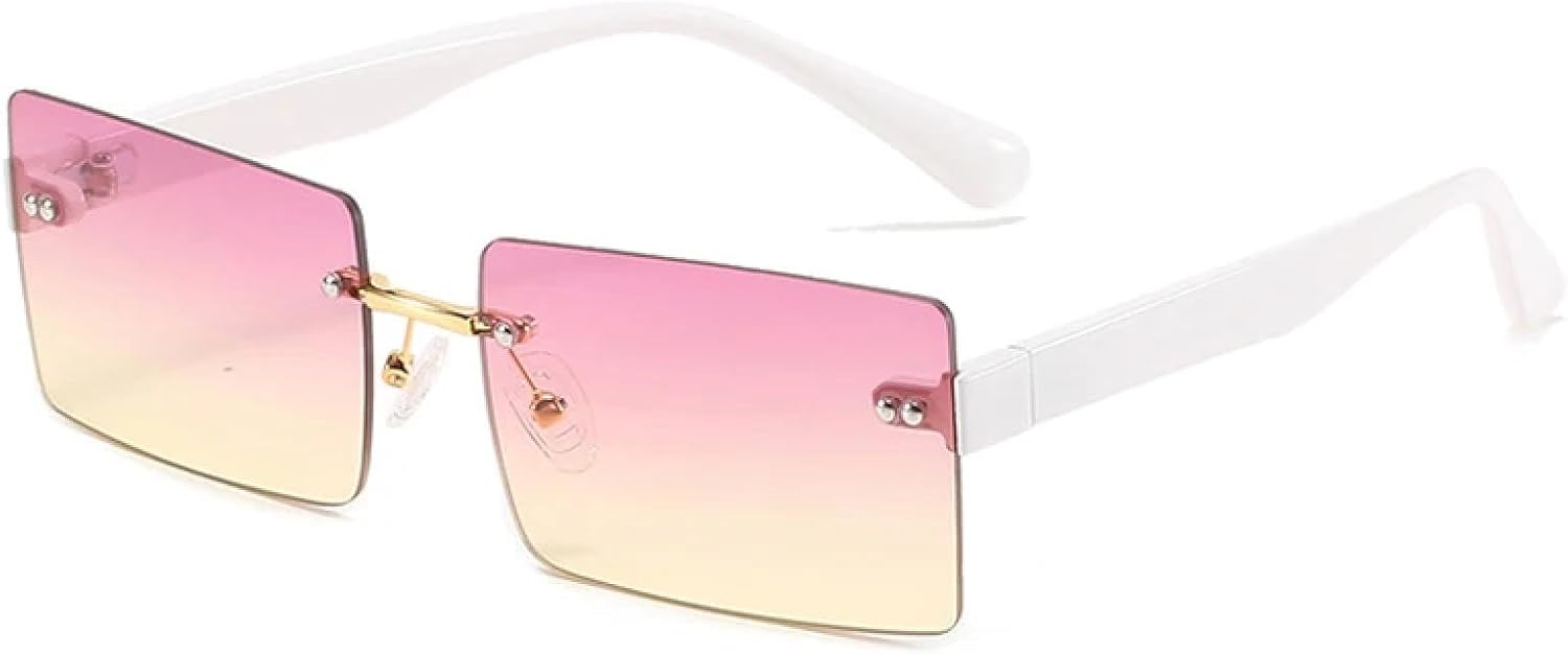 

Роскошные солнцезащитные очки без оправы для женщин и мужчин, модные винтажные очки с заклепками, для активного отдыха, летних путешествий, с защитой от УФ-излучения UV400 TKKTLLT, White Purple Yellow