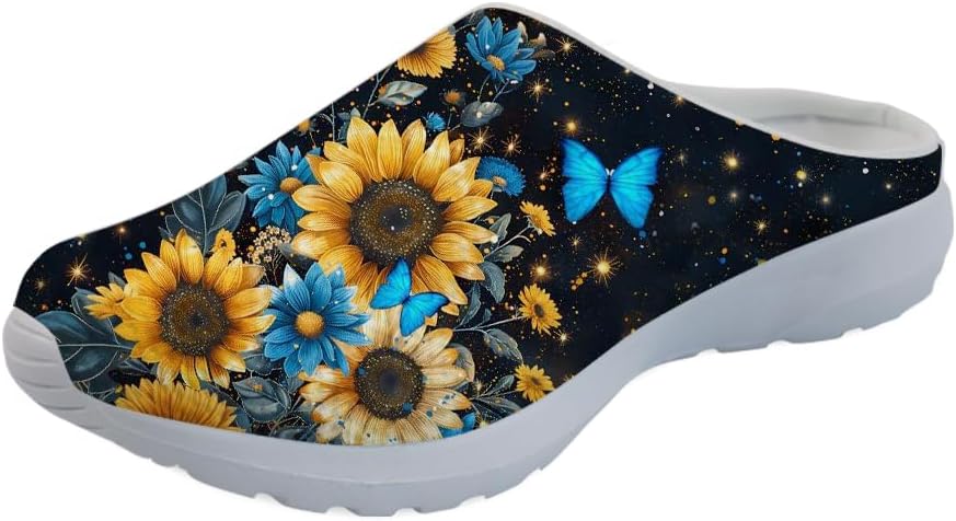 

Женские сабо-клоги Forchrinse Blue Palm Tree с сеткой, легкие для ходьбы, с мягкой поддержкой свода стопы, для работы, ухода за больными, Star Sunflower Butterfly