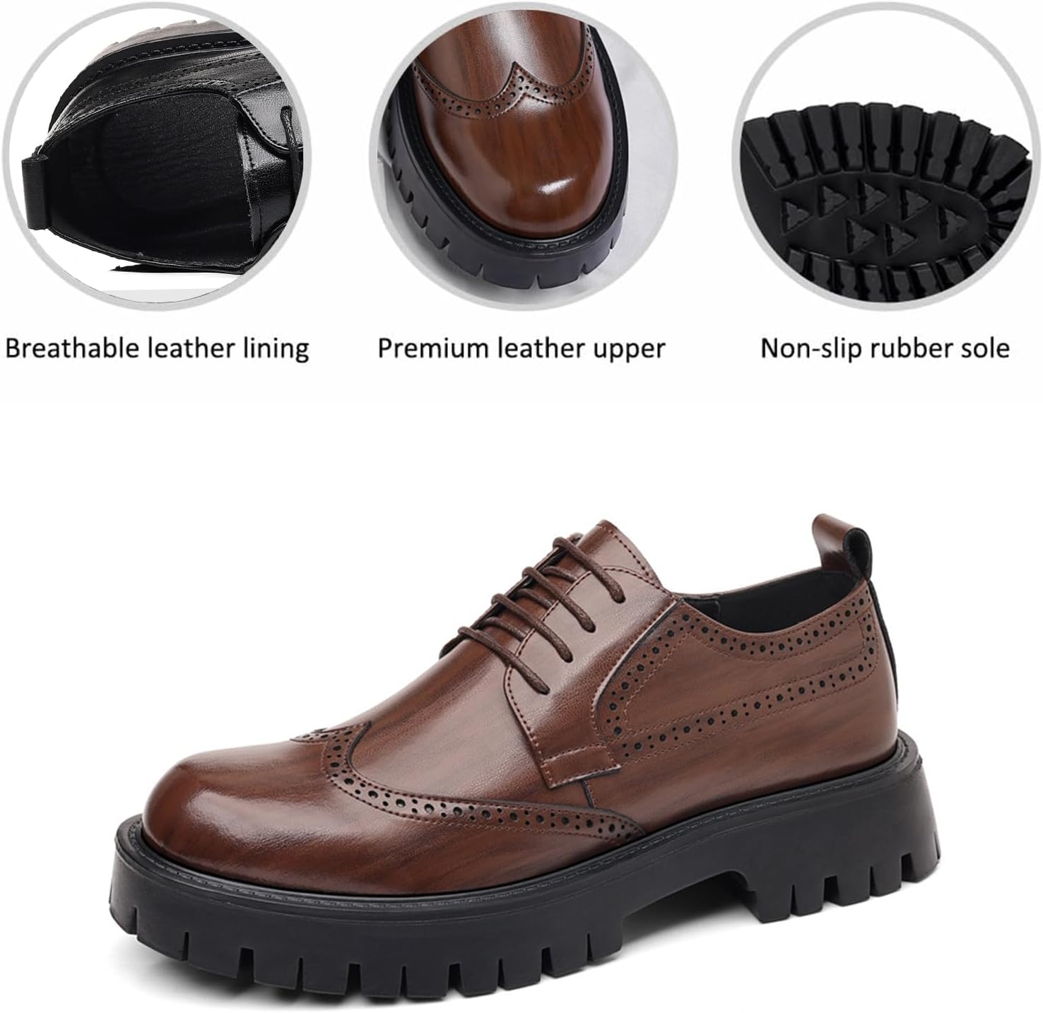 Мужские кожаные туфли на платформе Oxfords, винтажные, с круглым носком, массивной подошвой, повседневные туфли с крылышками, броги, бизнес-туфли для работы и офиса, дерби Xiaoguli, коричневый — фото 2
