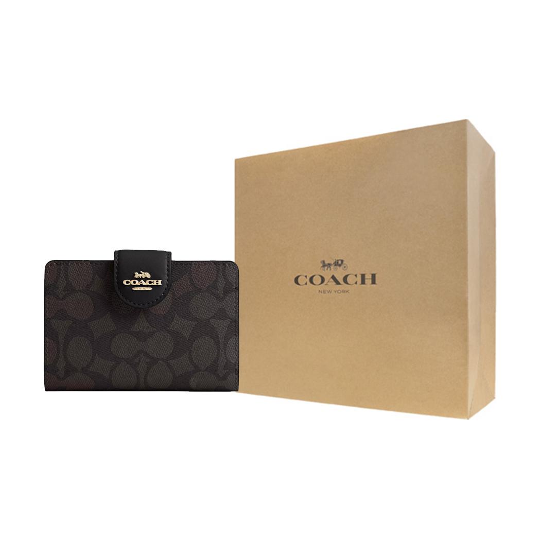 

COACH Высококачественный кожаный кошелек среднего размера для женщин SignatureCanvas с акцентами из орехового дерева и черными деталями, Gift Box Set (Basic Set+Yellow Box)