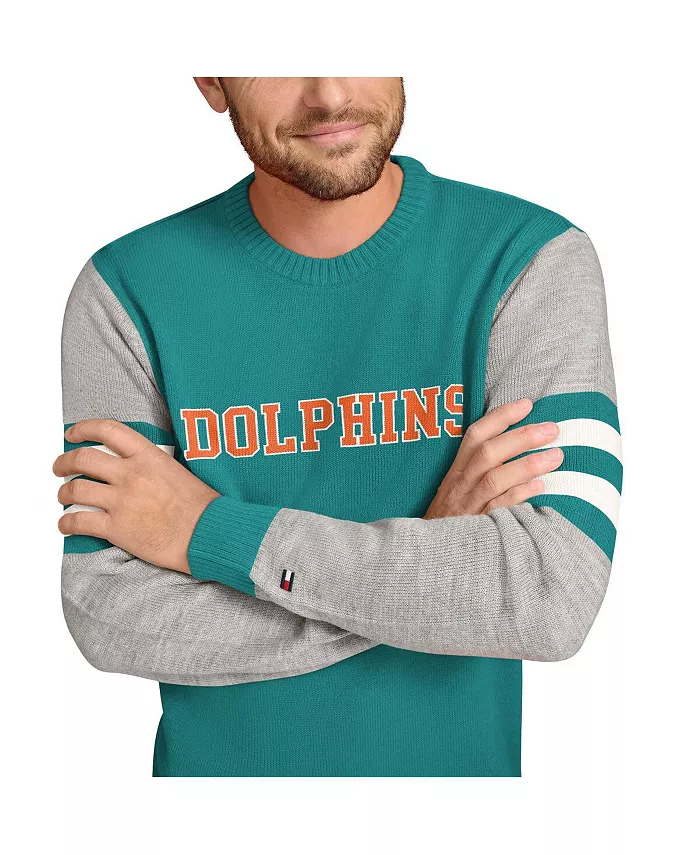 Мужской акриловый свитшот с круглой горловиной Miami Dolphins в цвете аква/серый хизер Tommy Hilfiger — фото 2