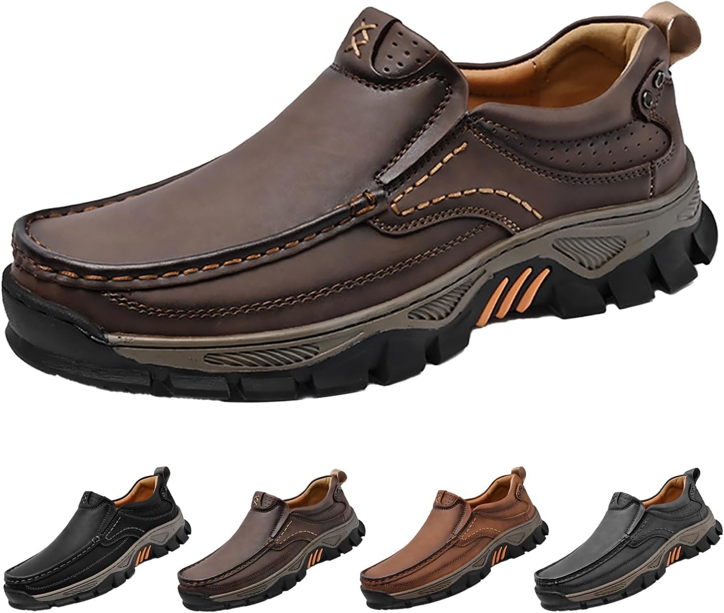 

Мужские лоферы без шнурков, удобные с ручной строчкой, кожаные, с эластичной подошвой, противоскользящие, с поддержкой свода стопы, для путешествий, походов и прогулок Hneowgn, коричневый