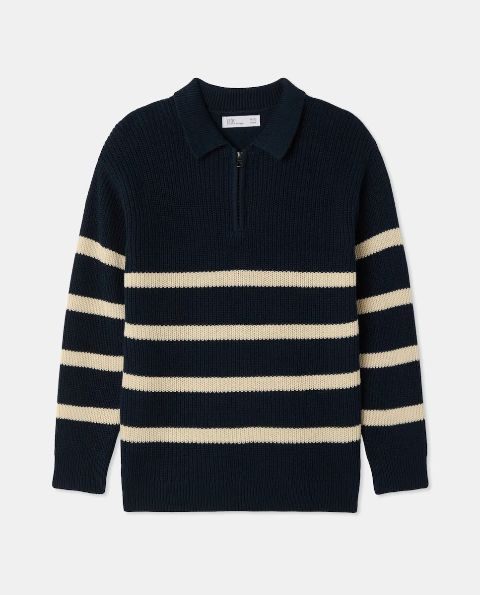 

Детский трикотажный джемпер с круглым вырезом, полоской, полу-молнией и передним рисунком Kids El Corte Inglés, синий