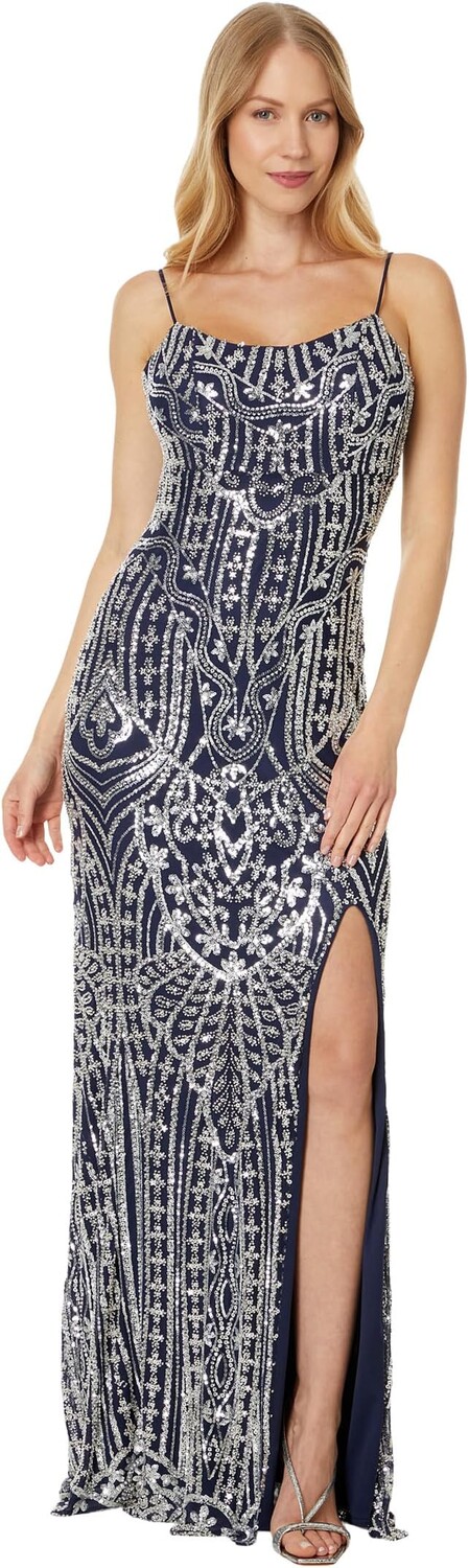 

Платье Betsy & Adam Long Beded Sequin Placement Slit, цвет Navy/Silver