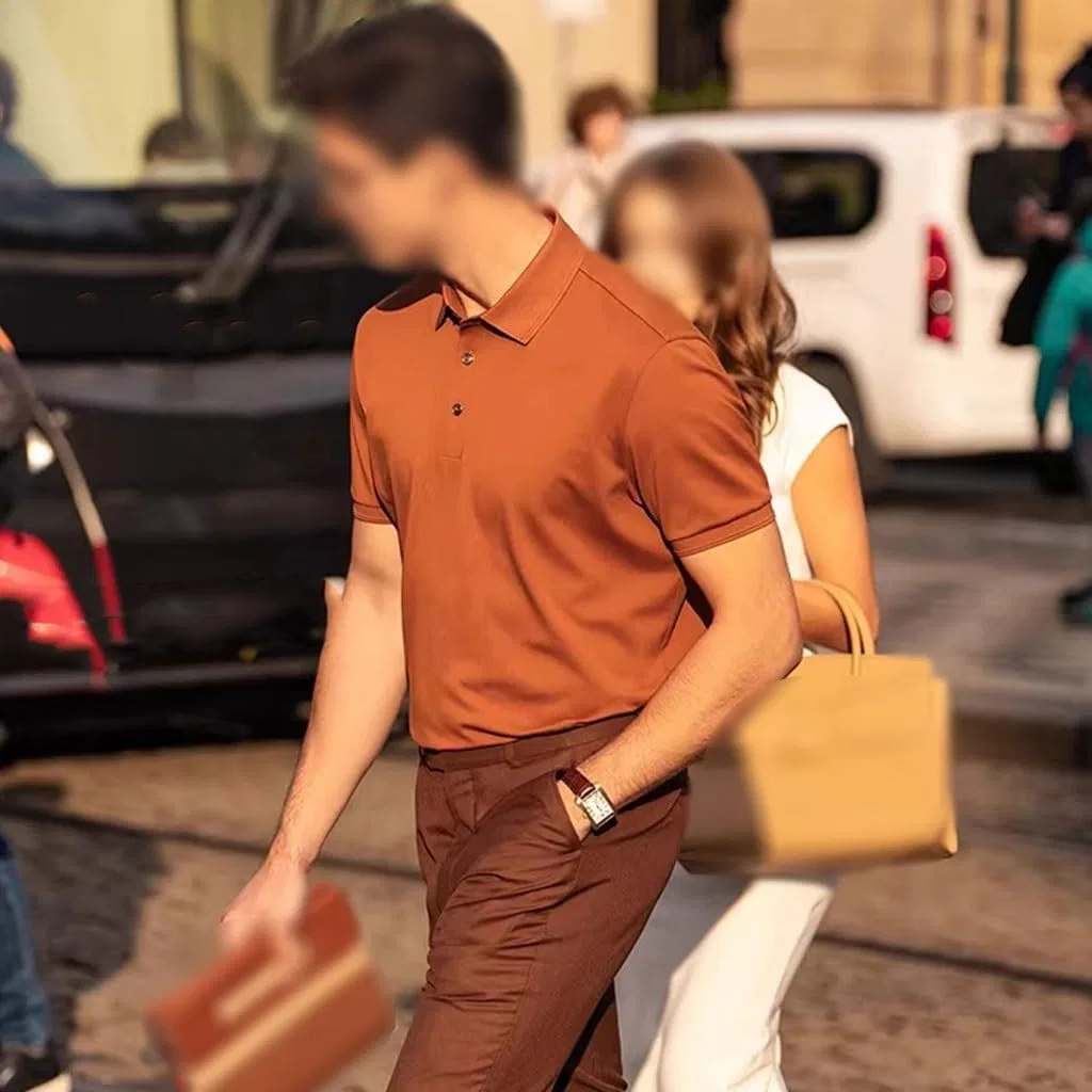 Мужская поло, slim fit, хлопок/полиэстер/шелк/спандекс, коричневый — фото 2