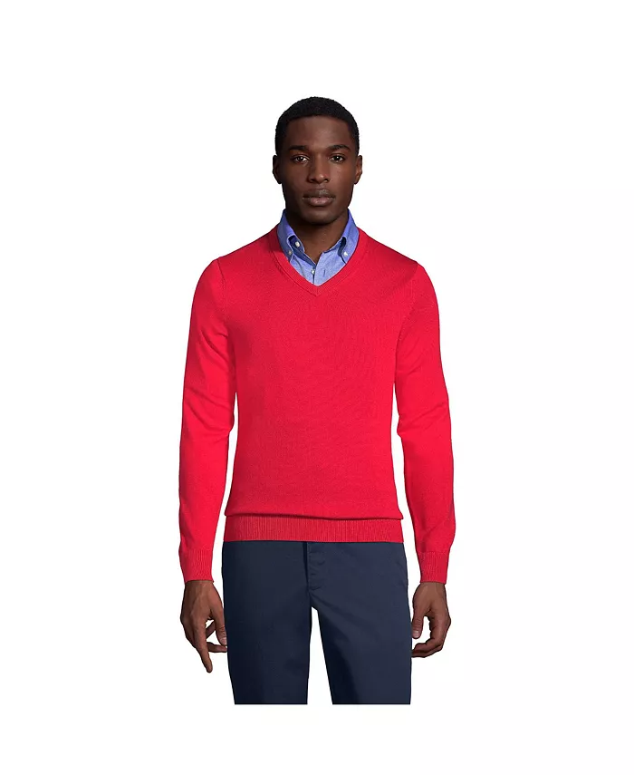 

Мужской свитер из хлопка и модала с тонкой вязкой и V-образным вырезом Lands' End, красный