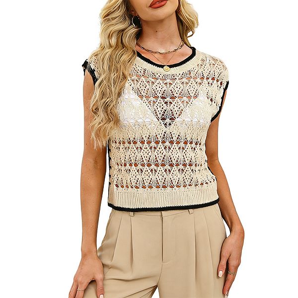 

Женский топ с ажурной вязкой и контрастной отделкой без рукавов Elitespirit