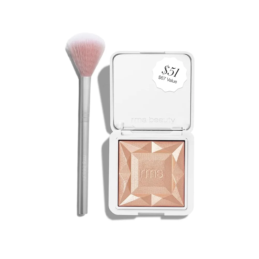 Набор RMS Beauty The Glow Makers Duo: хайлайтер ReDimension Hydra Dew Powder Highlighter и классическая веерная кисть Skin2Skin Classic Fan Brush.
