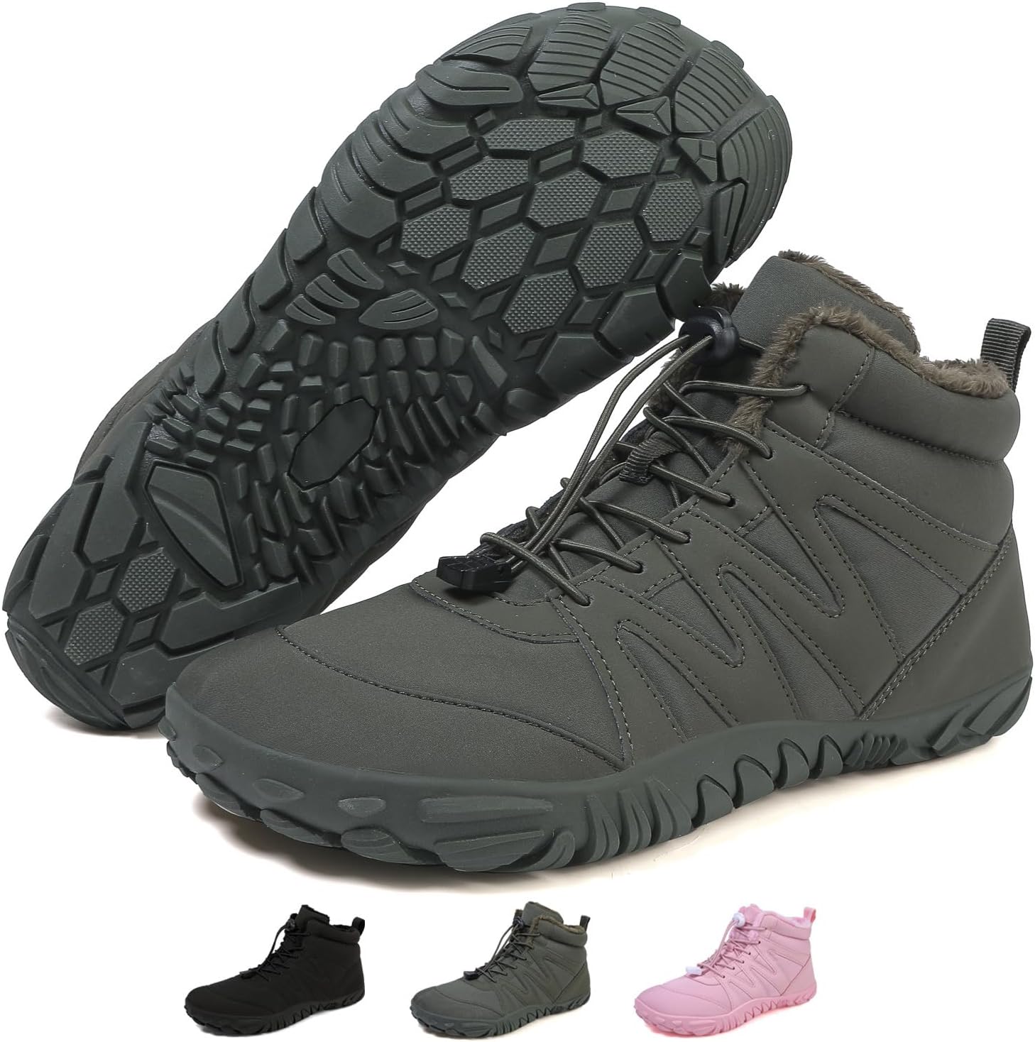 

Зимние ботинки для мужчин и женщин, водонепроницаемые, теплые с мехом, для снега, с широкой носочной частью, без подъема, противоскользящие туристические ботинки Kiyenus, серый