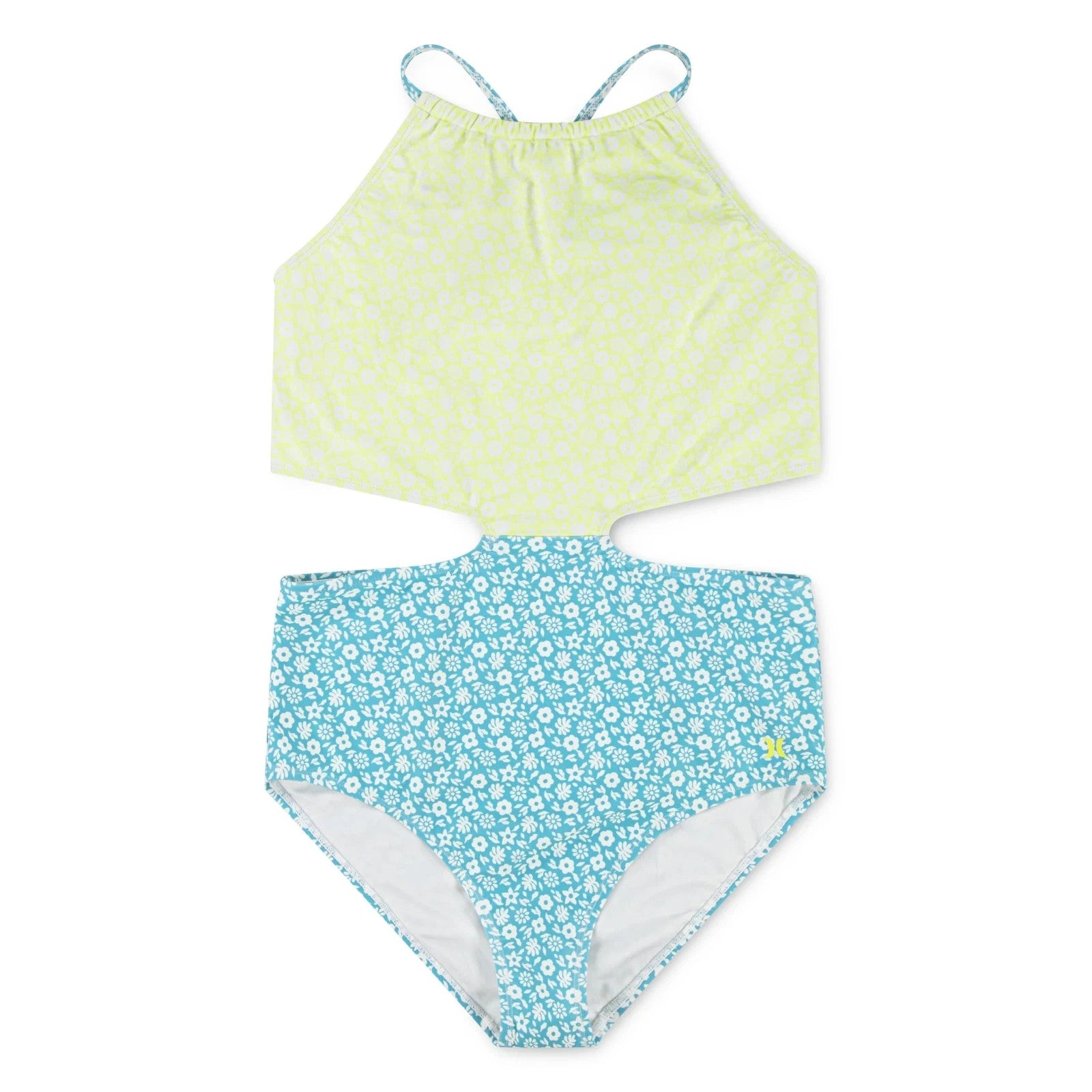 

Детский слитный купальник Hurley, зеленый с синим цветочным принтом, монокини с завязками на шее, NWO156