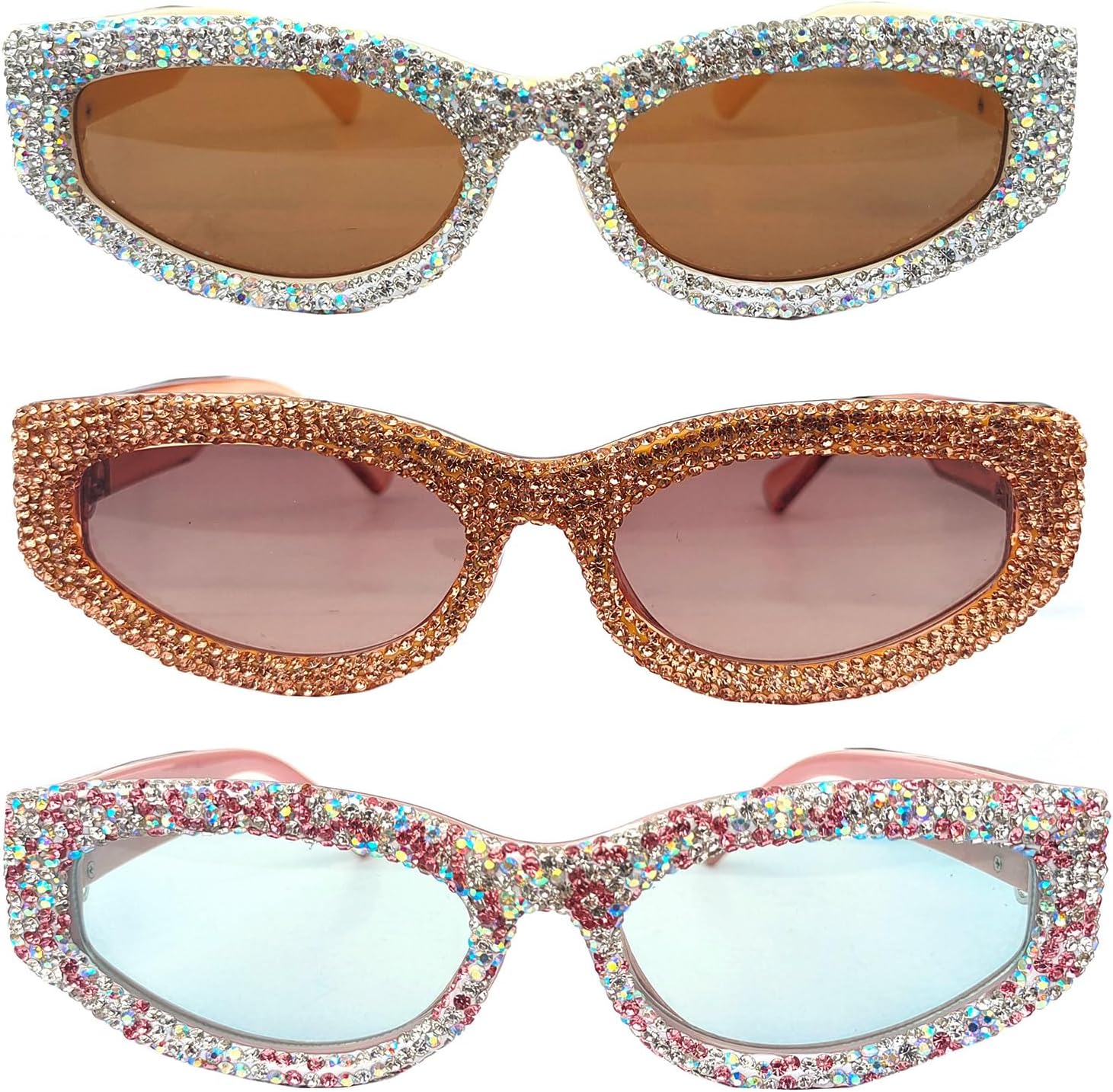 

Солнцезащитные очки Willochra Y2K розового цвета «кошачий глаз», милые и модные, для женщин, с блестками, стразами и кристаллами, квадратные, 3pcs-brown Ab &Brown&green