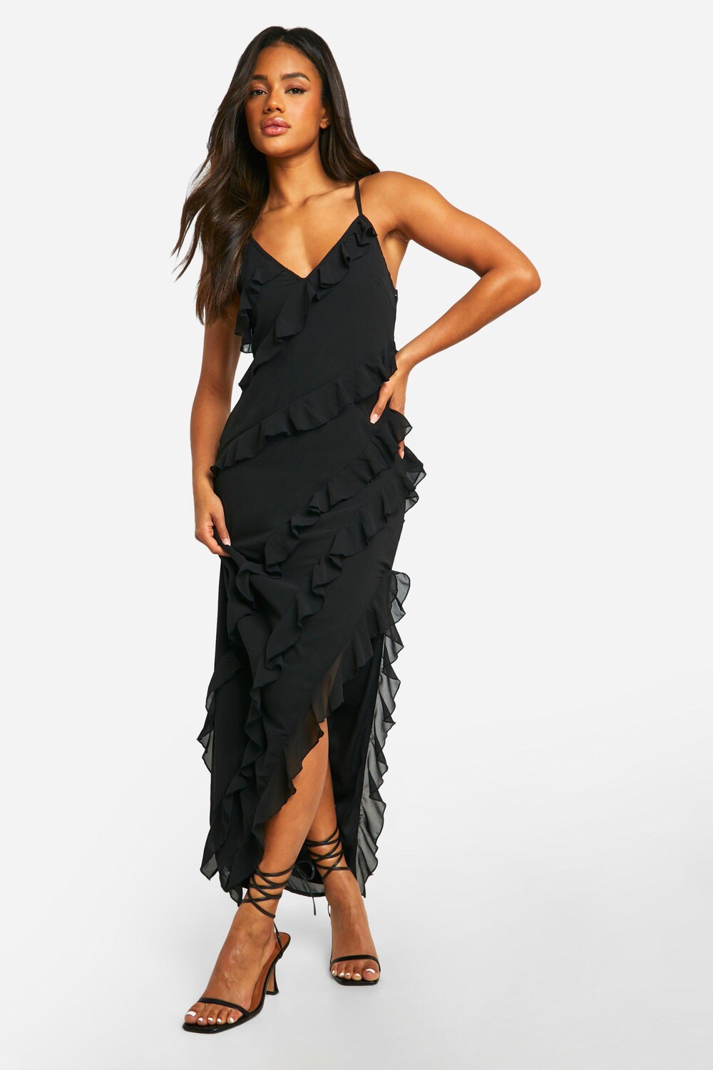 

Шифоновое платье макси с рюшами boohoo, черный