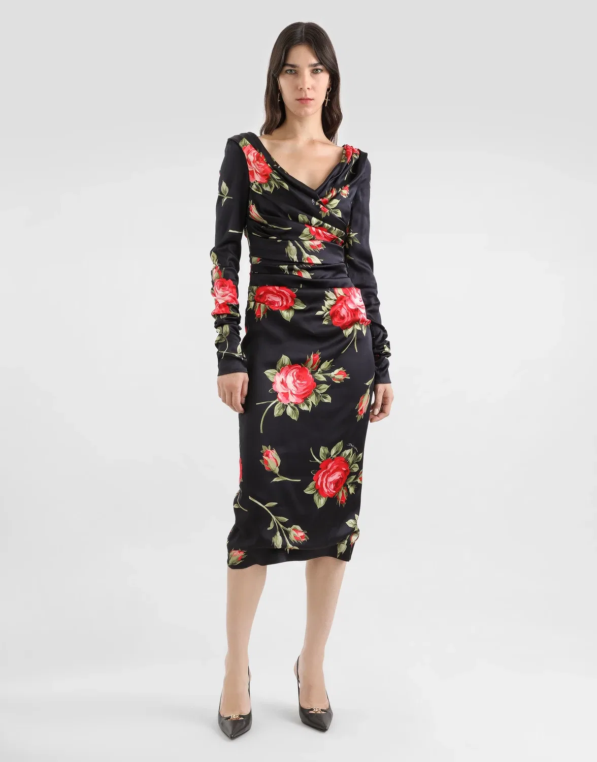 Атласное платье с драпировкой и принтом в виде букета роз DOLCE & GABBANA, белый — фото 2