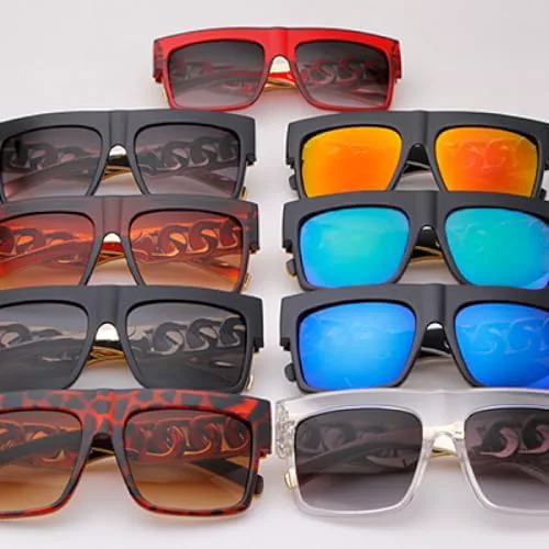 

Большие солнцезащитные очки в стиле хип-хоп для мужчин и женщин, с плоской верхней частью, ретро-квадратные, черные, с золотой пластиковой цепочкой MTZJH, C10