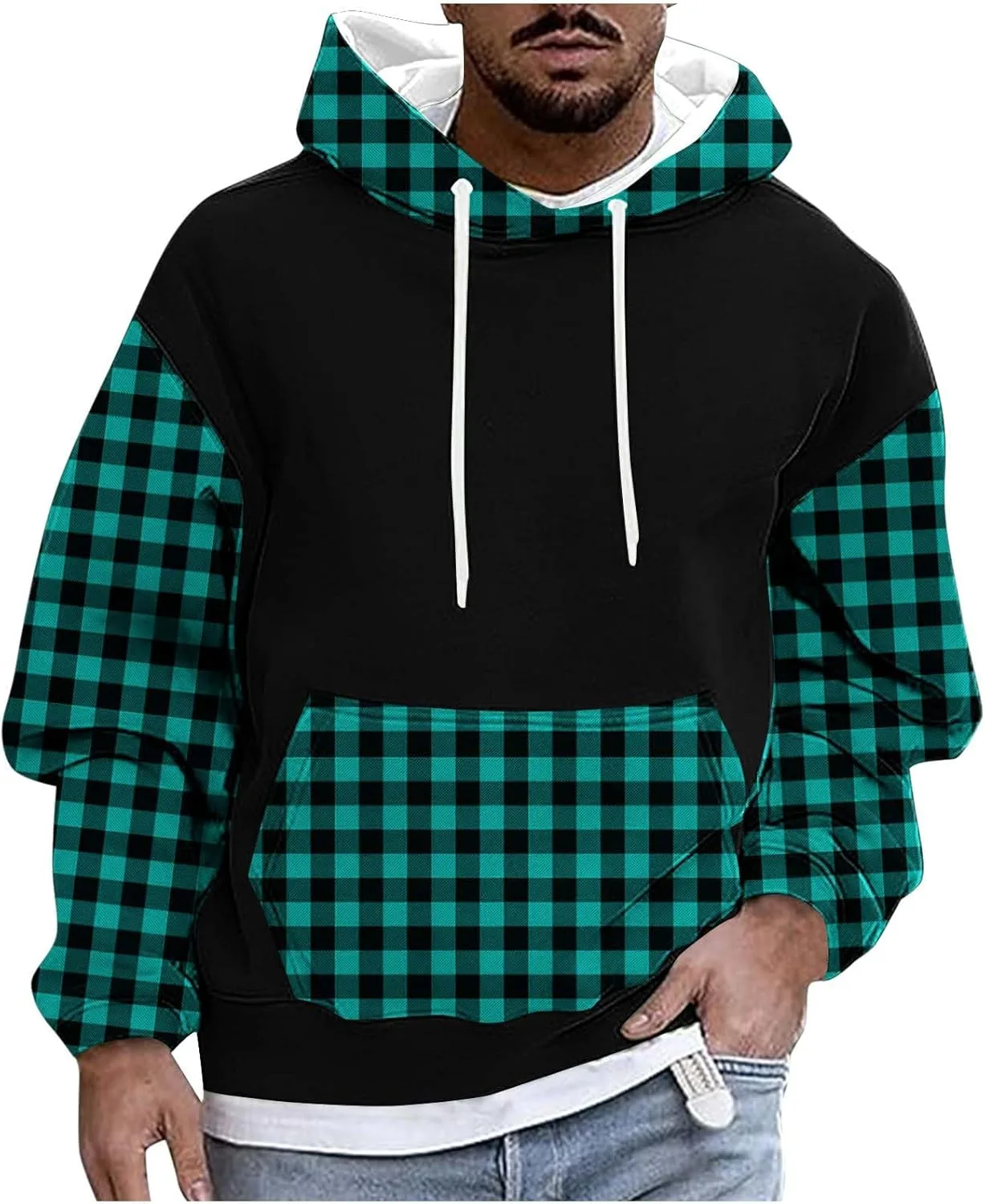 

Мужской спортивный худи с длинным рукавом в клетку и пэчворк