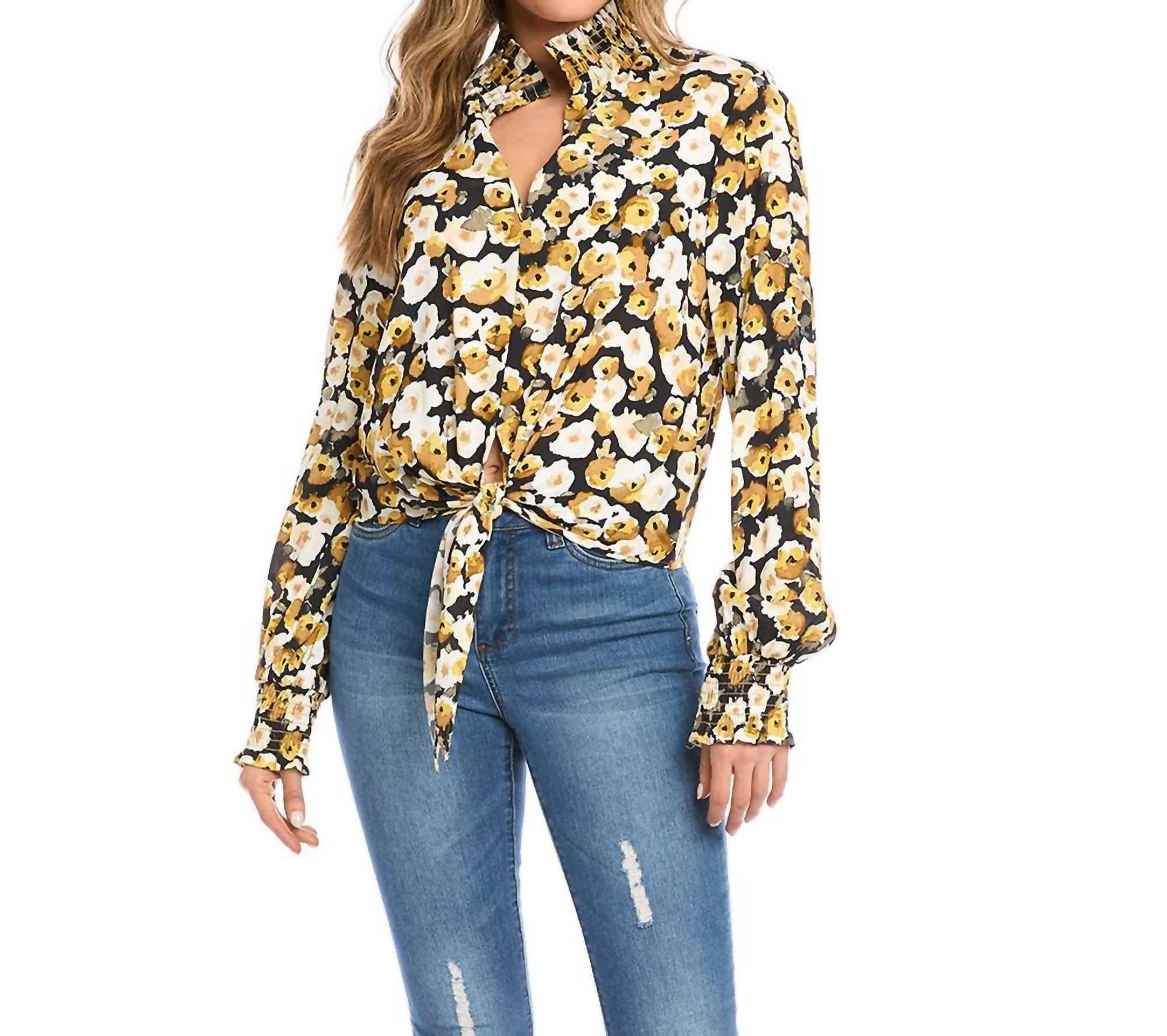 

Karen Kane Топ Fiona с цветочным принтом и завязками спереди, в черном, белом и золотом цветах
